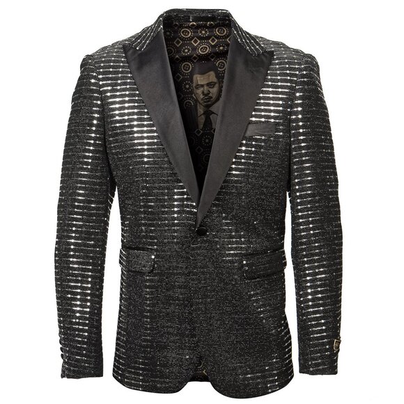 Empire™ Metallic Stripe Sequin Peak Lapel Hybrid Fit Blazer, Silver & Black - Picture 2 of 5